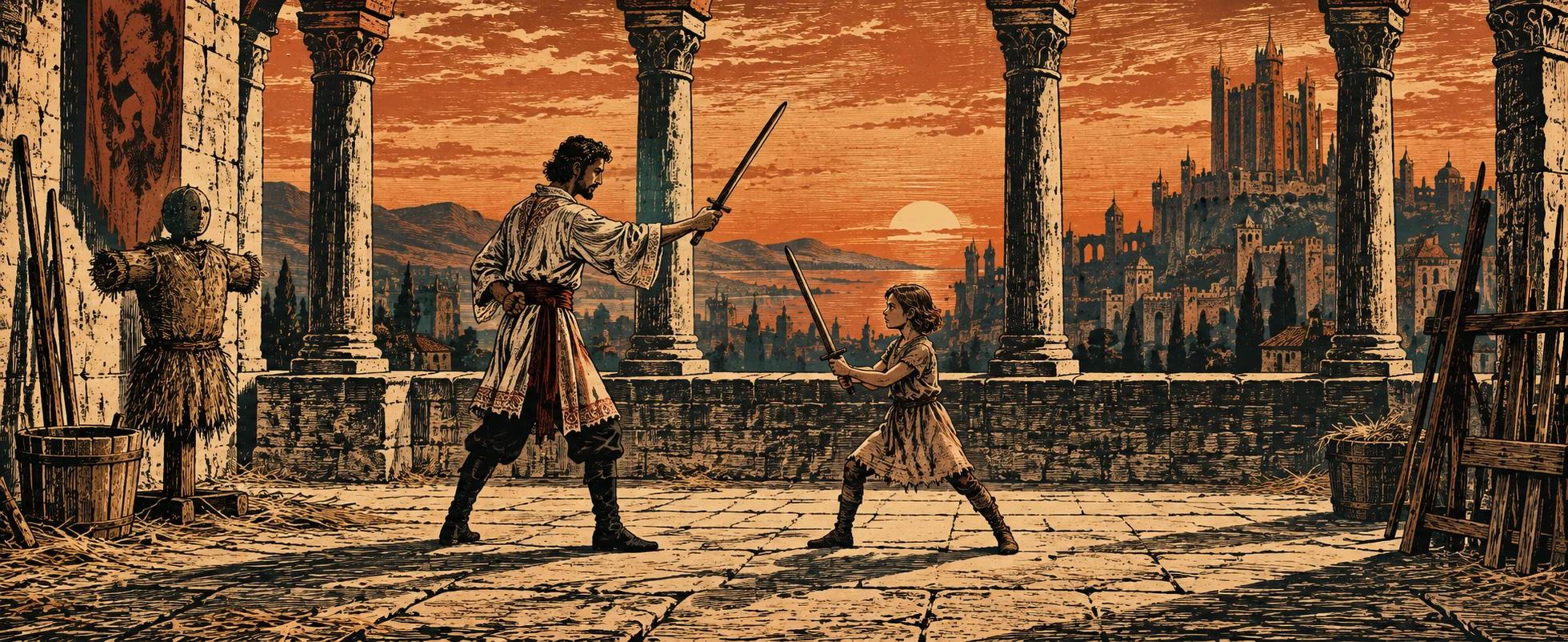 A swordmaster with a wooden practice sword faces a small girl in a fighting stance on a sun-baked stone practice yard above a red-roofed city.