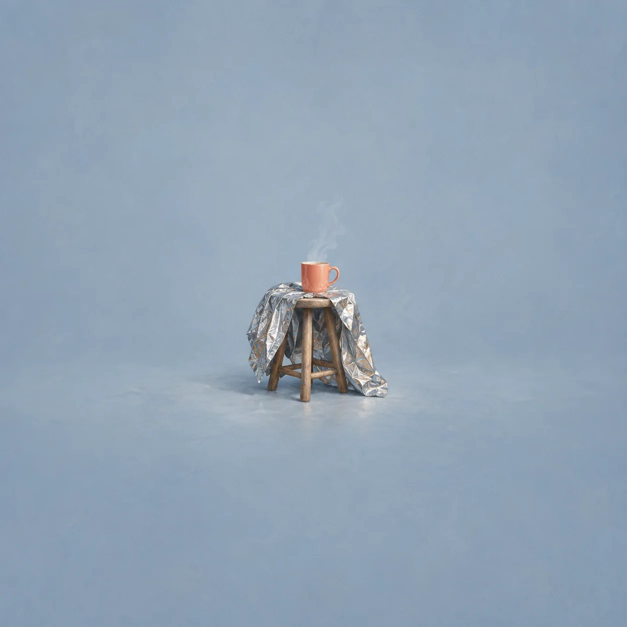 A crinkled silver foil blanket draped over a small wooden stool with a coral mug of steaming drink on it.