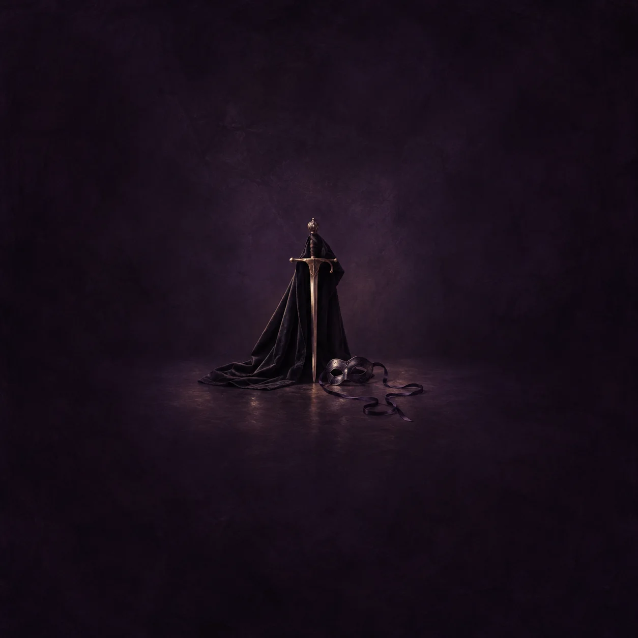 Painterly black cape draped around an upright sword beside a dark mask and ribbon.