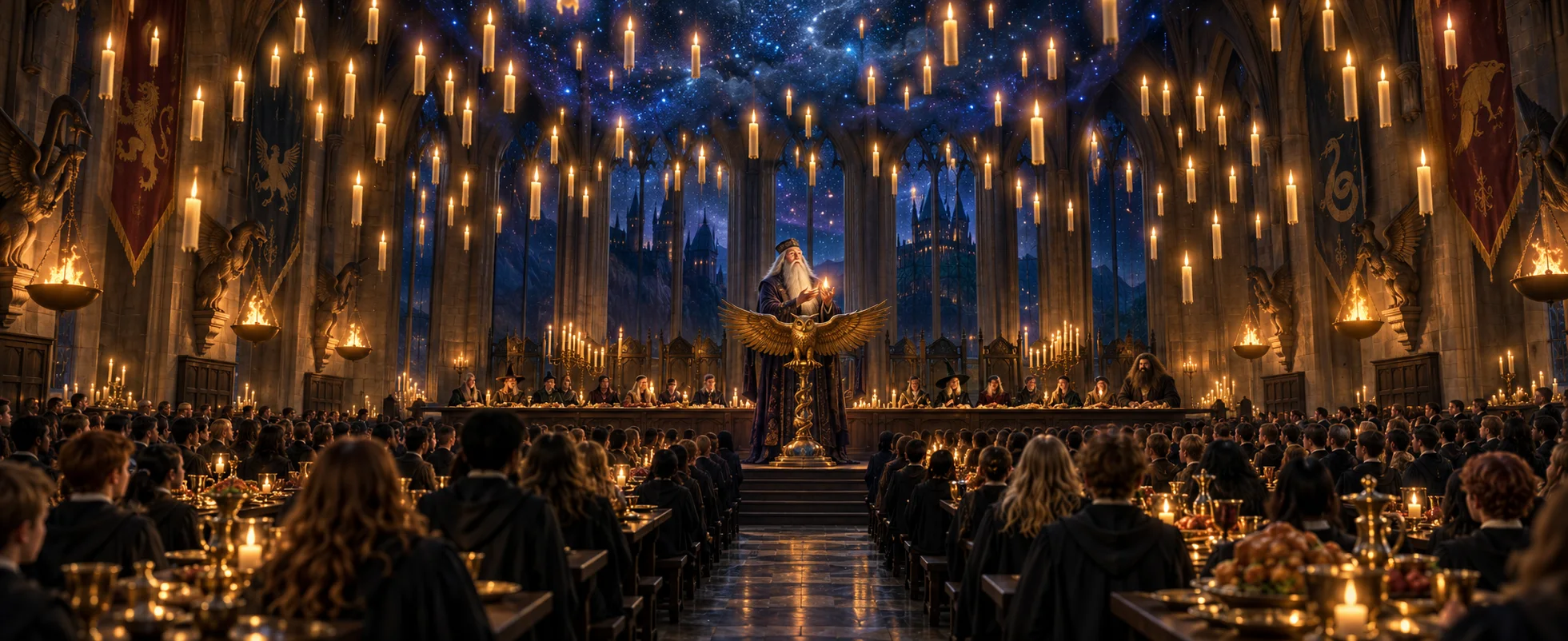 An old wizard with a long silver beard stands at a golden owl lectern under hundreds of floating candles in a great hall full of students.