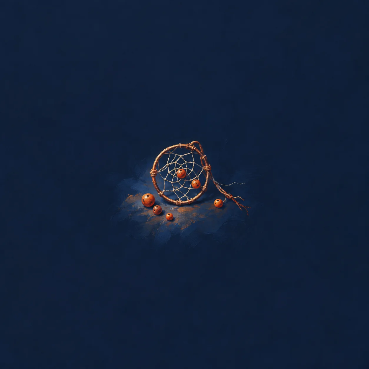 A small bent hoop with a web of threads lies beside scattered orange beads on dark-blue fabric.