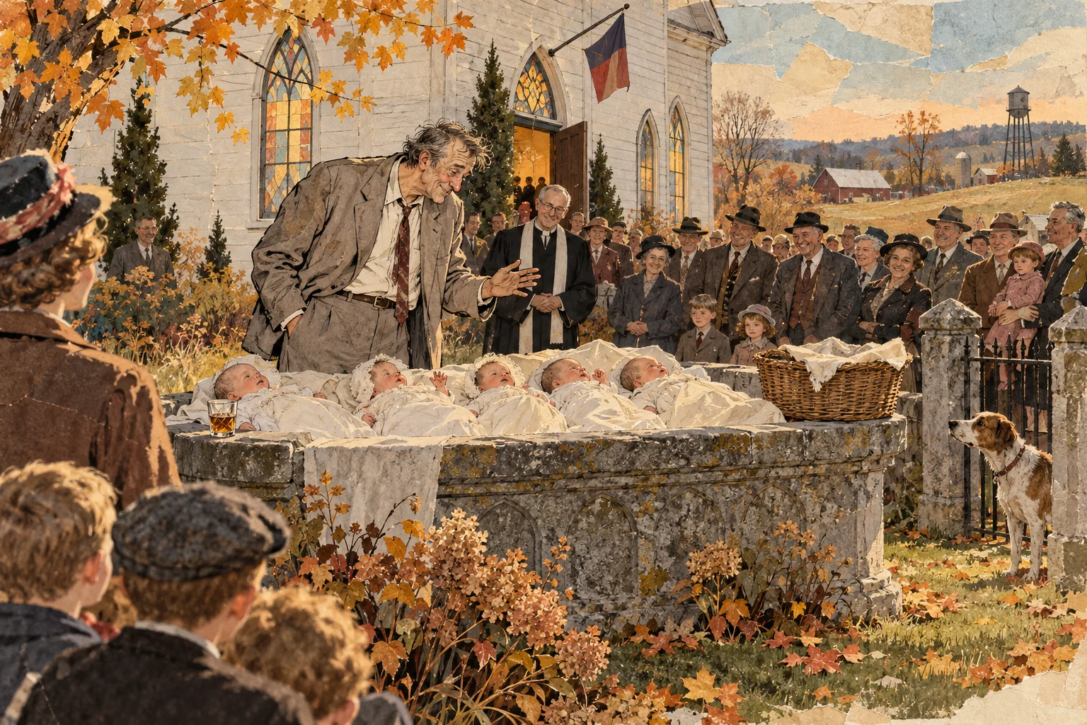 A rumpled man in a loose suit speaks over newborn babies laid on a stone font outside a country church as townsfolk and a dog look on.