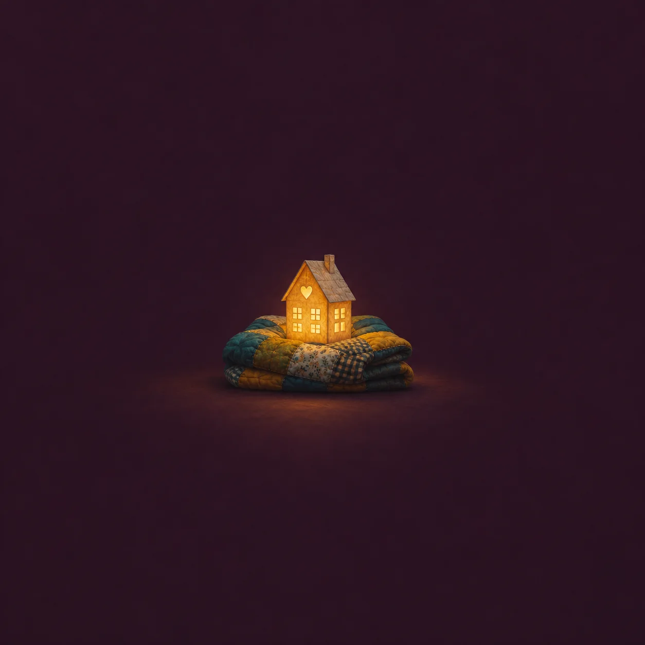A small glowing amber paper house sitting on a folded teal and mustard patchwork quilt.