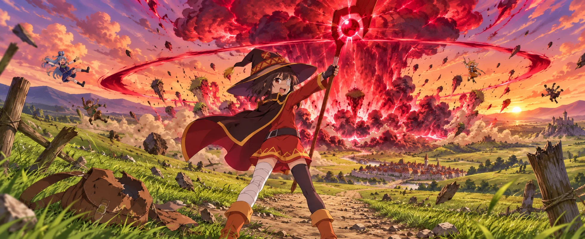 A girl in a red witch's hat and cloak unleashes a giant crimson explosion over a grassy plain at sunset.