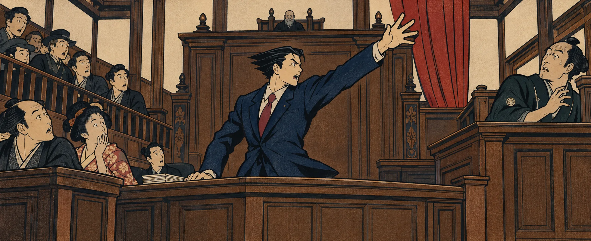 A lawyer in a blue suit points across a crowded courtroom with his arm thrown out.