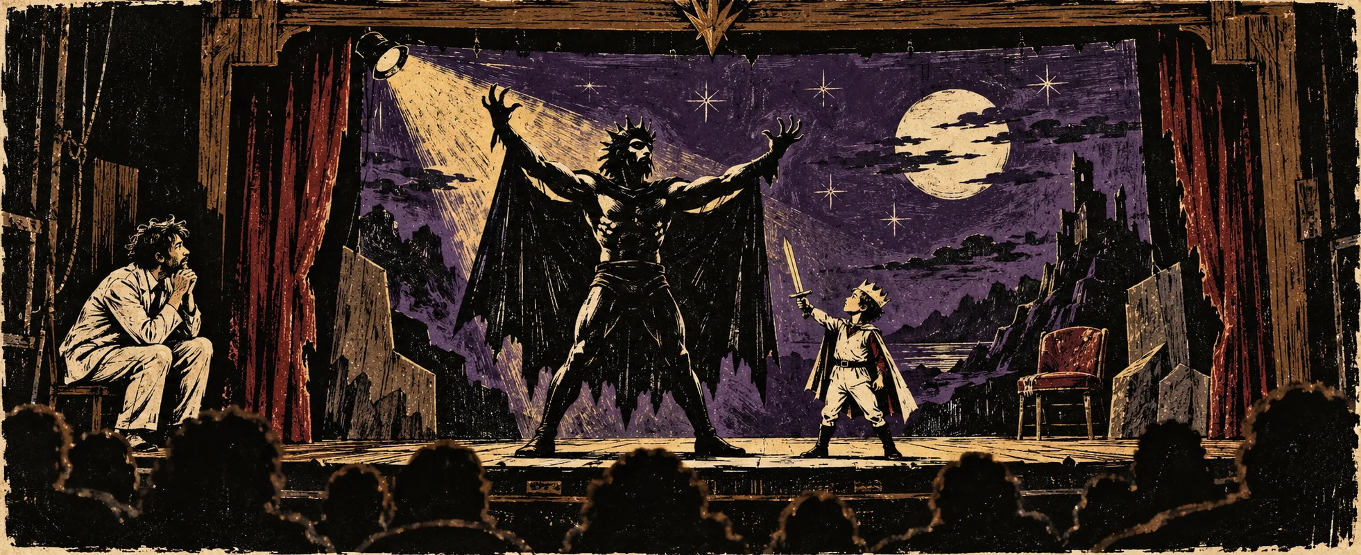 A caped, horned villain looms over a small boy hero on a crude community-theatre stage under a painted night sky, the writer watching rapt from the wings.