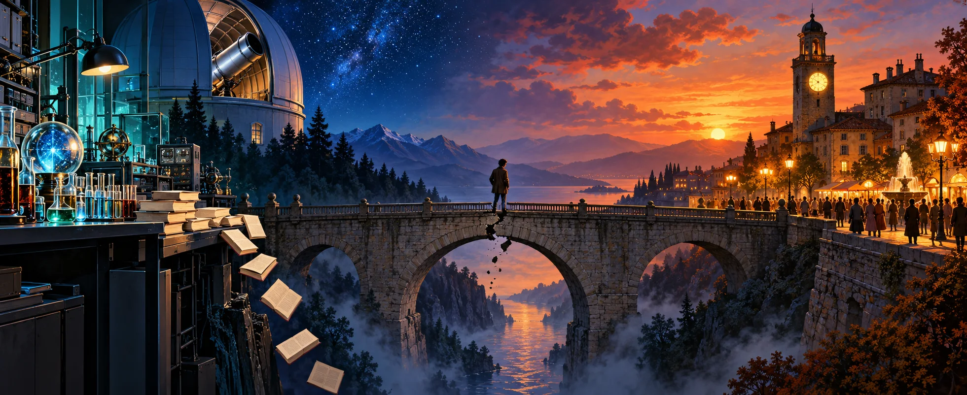 A figure crosses a stone bridge between a lamplit laboratory and observatory on one side and a crowded clock-tower town at dusk on the other.