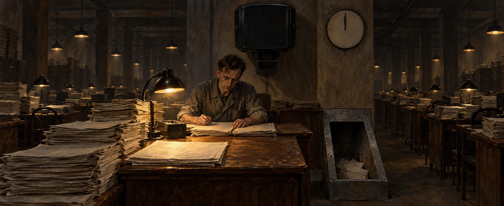 A man in overalls rewrites old newspapers at a desk in a dim, endless records office, a telescreen above him and a chute open at his side.