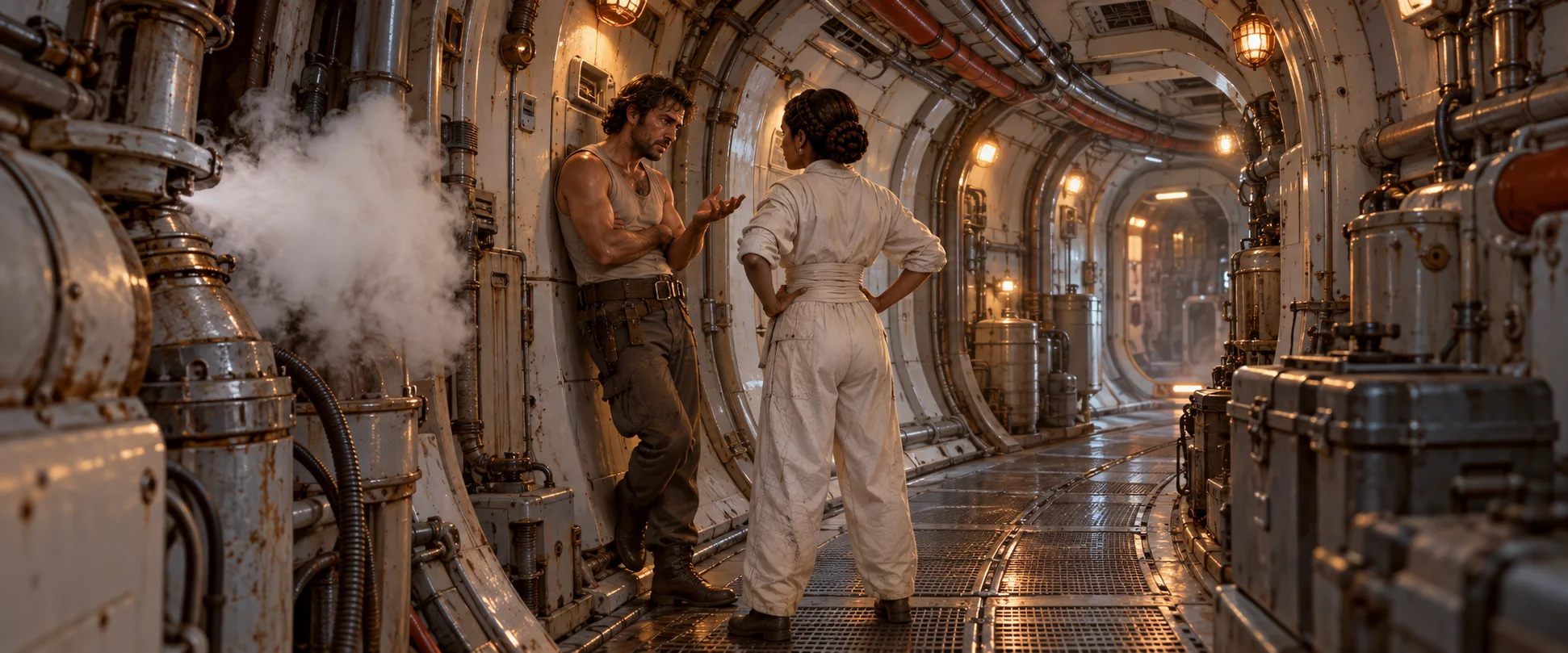 A woman in white faces down a man in a vest in the steam-filled corridor of an old freighter.