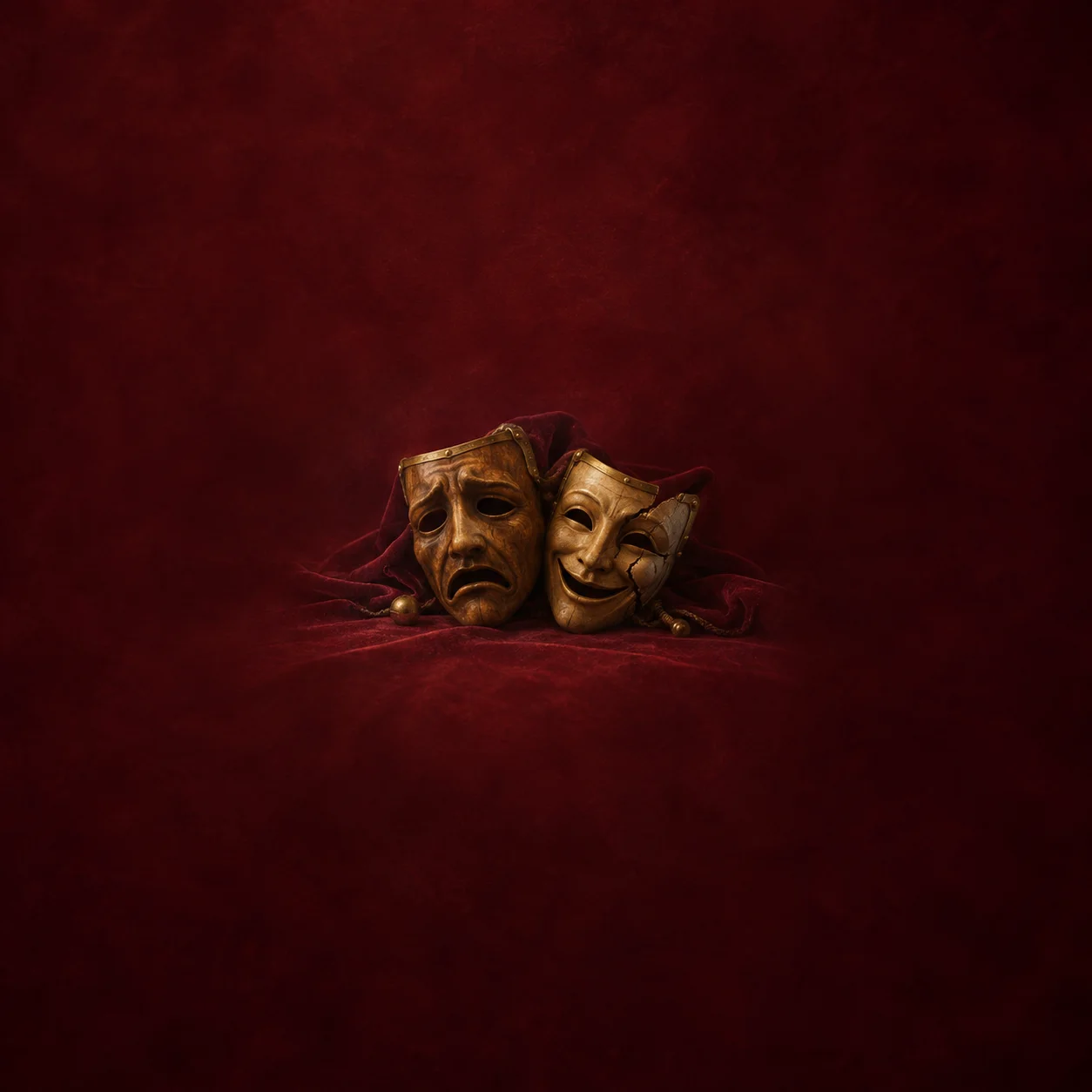 Two wooden theatrical masks, one frowning and one smiling, rest together on burgundy velvet.