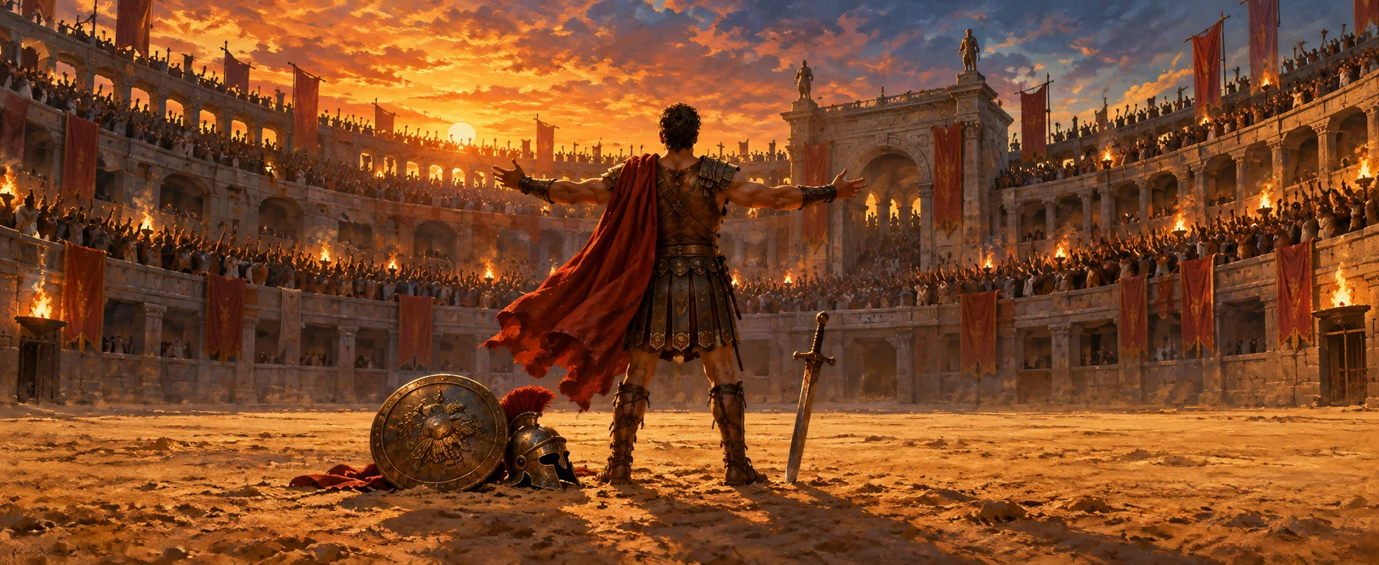 A gladiator in a red cloak spreads his arms to a roaring torchlit arena at sunset, his sword planted in the sand.