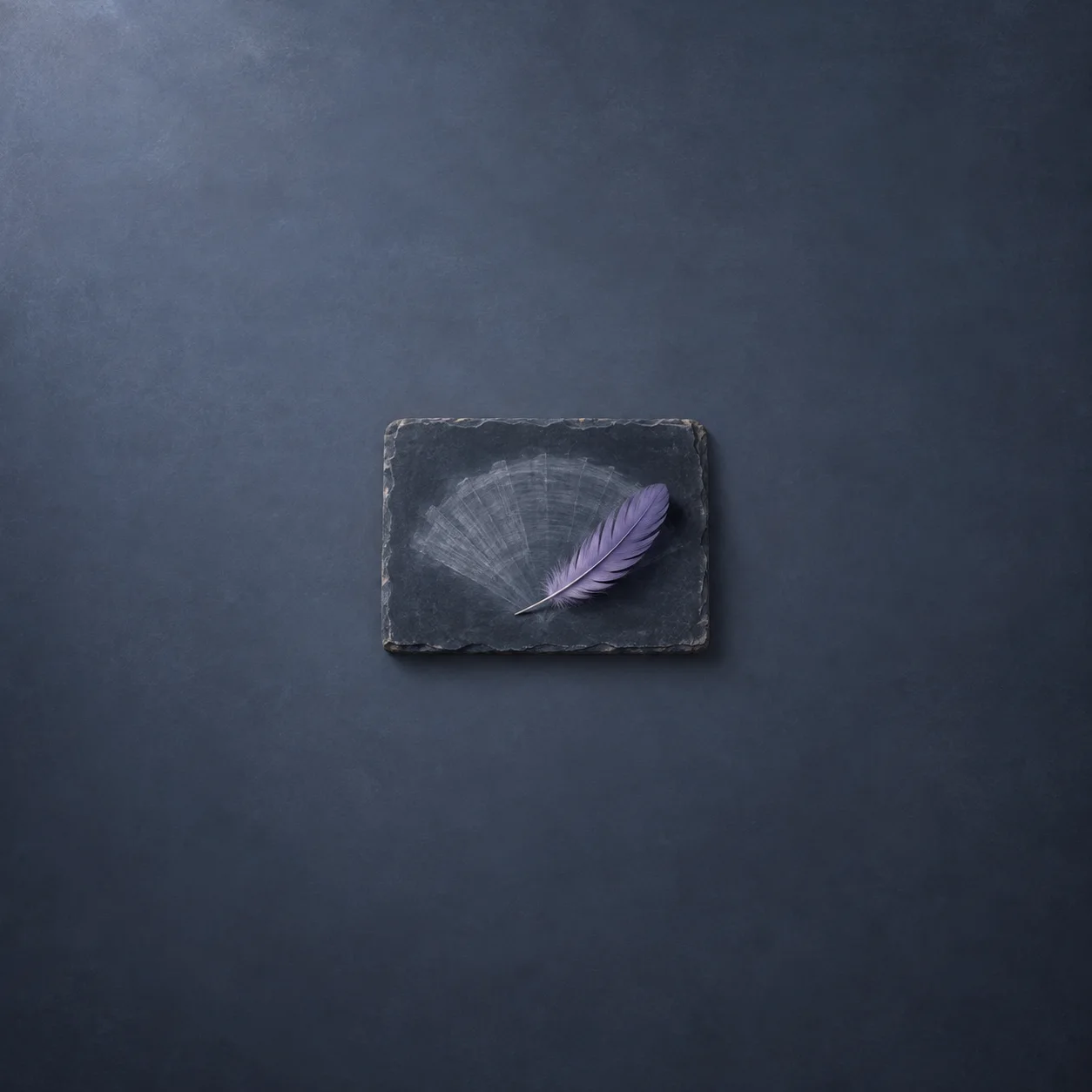 A small slate slab with a fan-shaped chalk smudge and a violet feather resting on it.