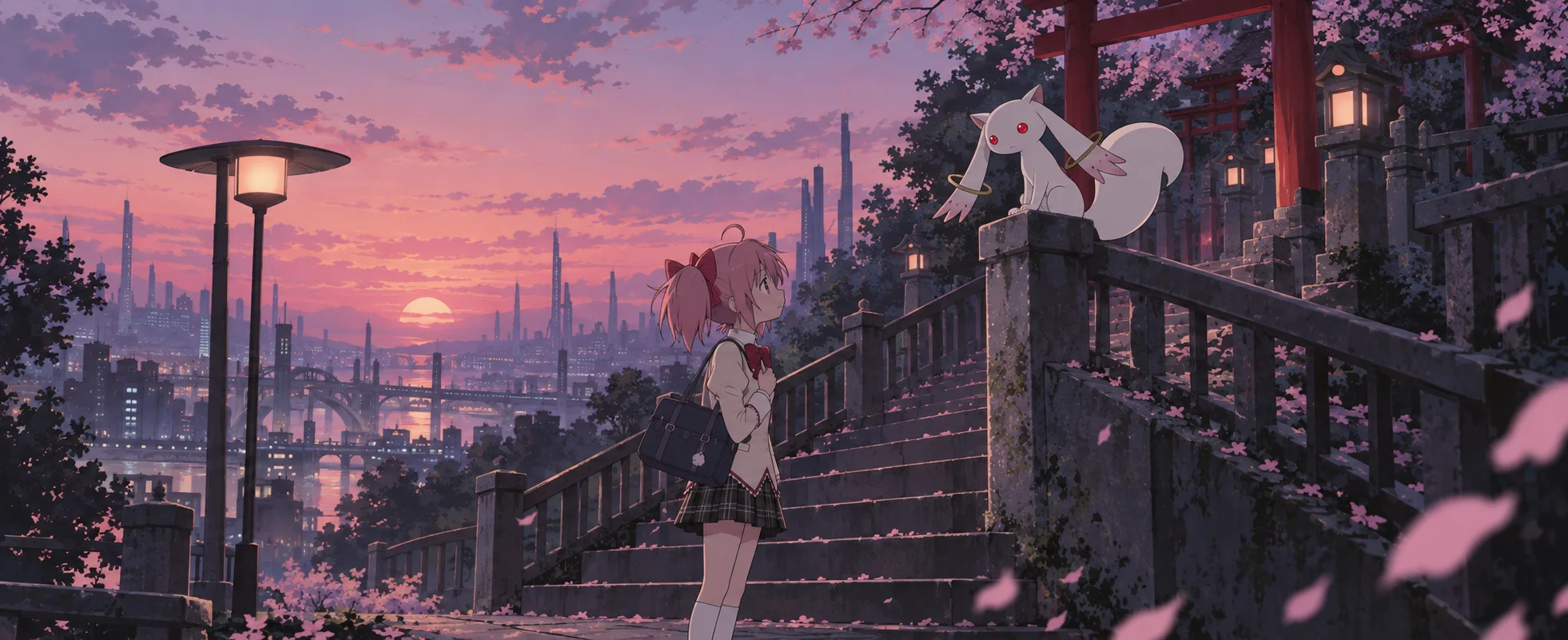 A pink-haired schoolgirl on shrine steps at dusk looks up at a small white creature with long ears perched on the railing.