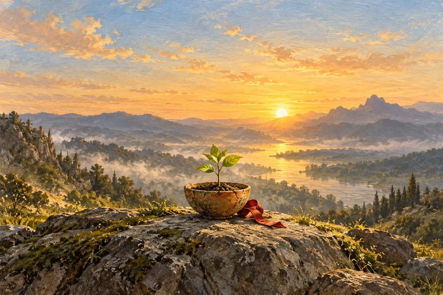 A young green sapling grows in a terracotta bowl beside a red ribbon, overlooking a golden dawn.