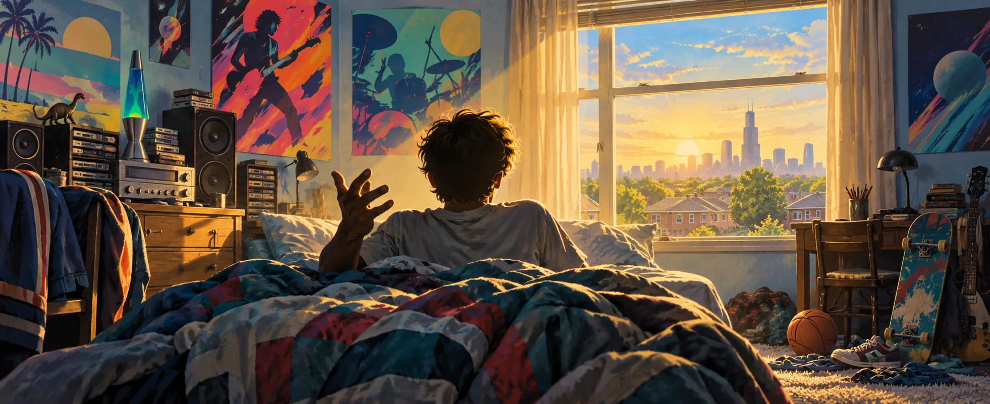 A teenager sits up in bed in a poster-covered bedroom, talking to the viewer as morning sun streams in.