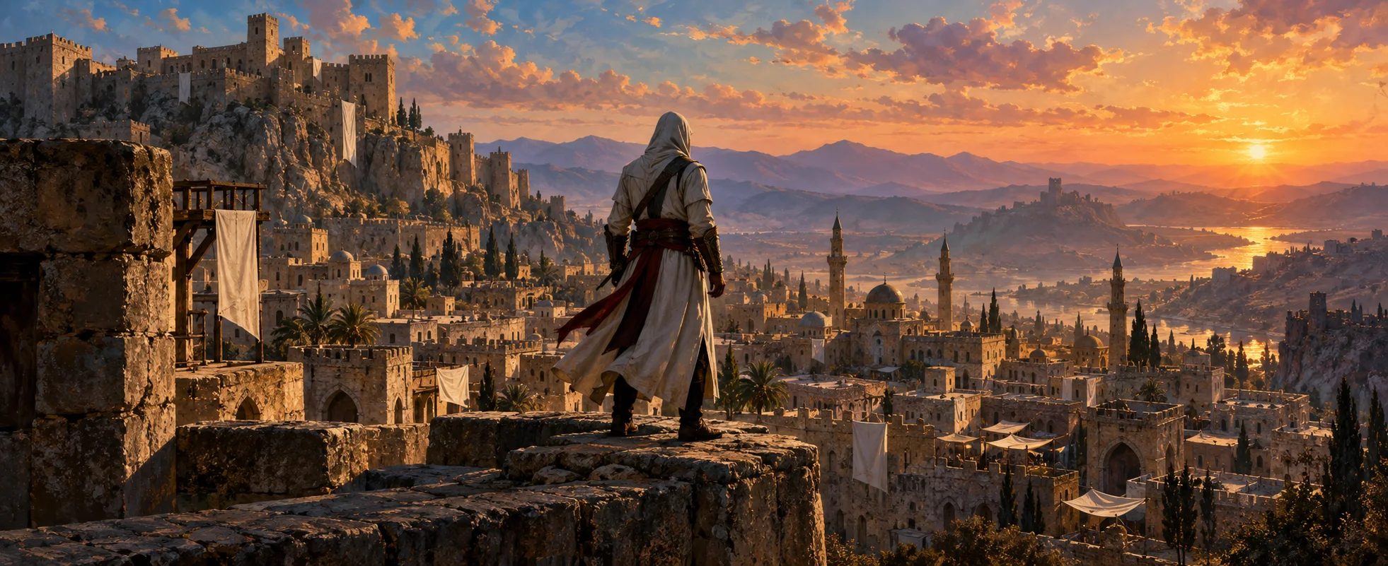 A hooded assassin in white robes stands on a high ledge above a sunlit medieval Levant city of stone houses and minarets.