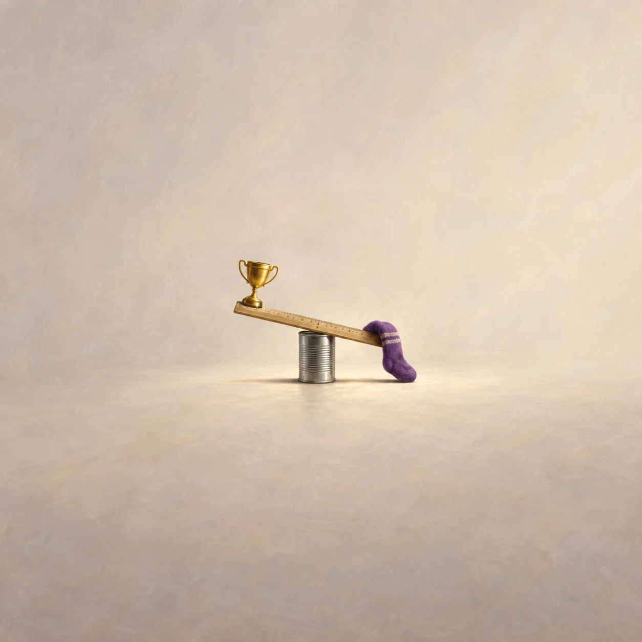 A wooden ruler balanced on a tin can, with a gold trophy at the raised end and a purple sock at the lower end.