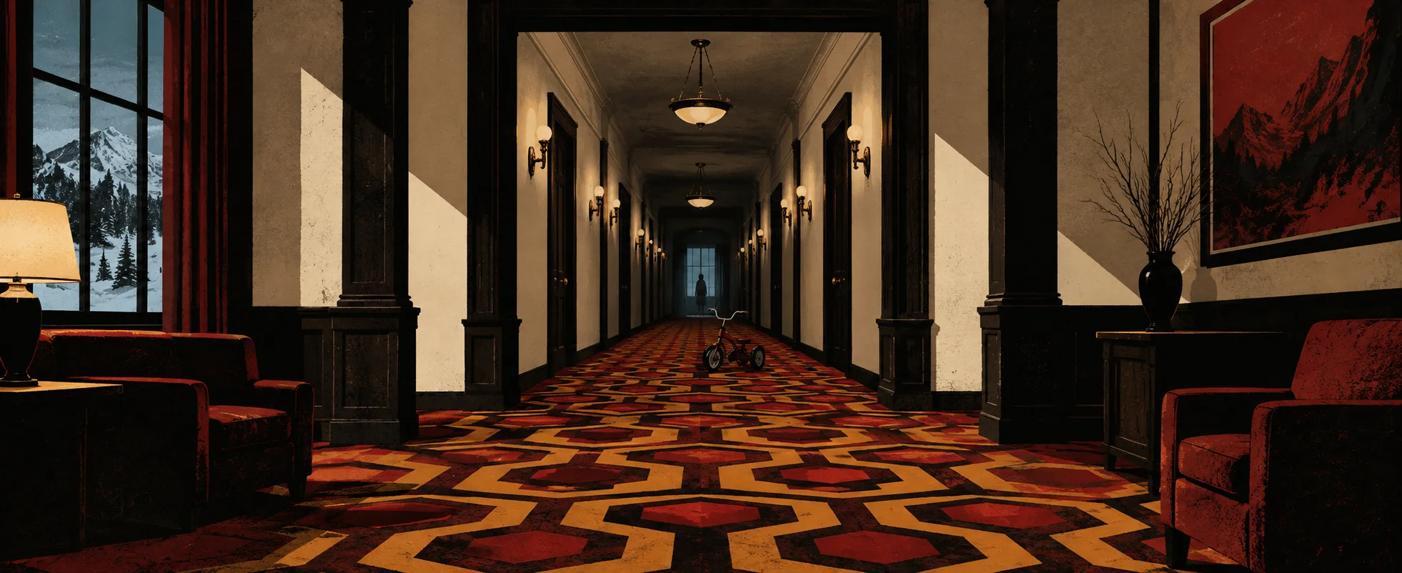 A long hotel corridor with a bold geometric red-and-orange carpet stretches into the distance, a small tricycle standing far down the hall.