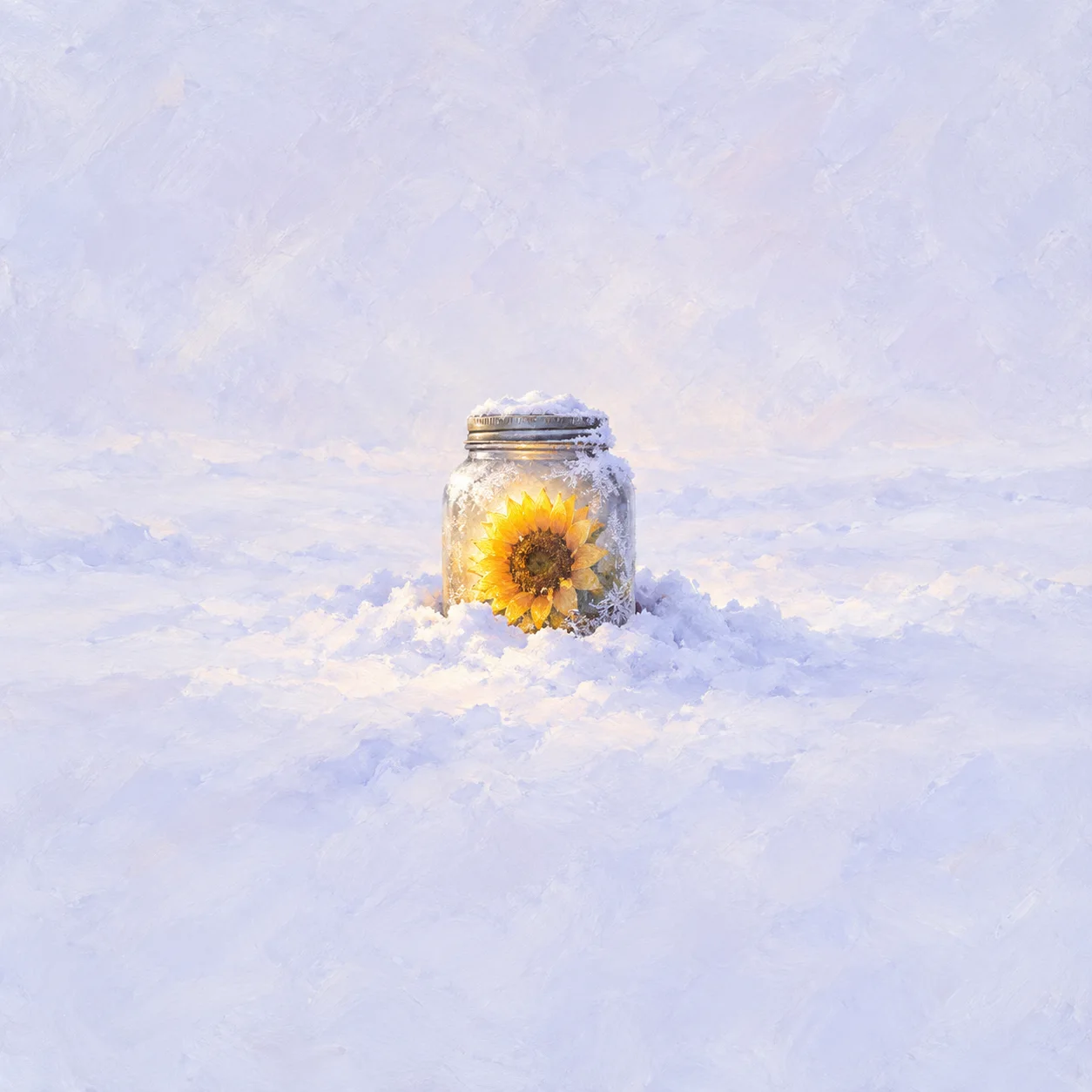 A frosted glass jar holds a bright sunflower amid pale snow.