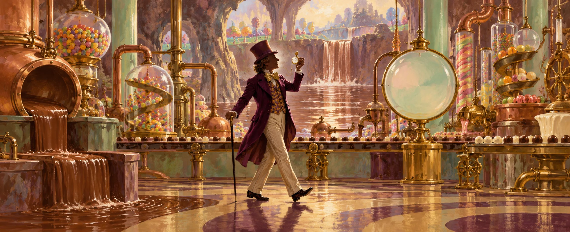 A candy-maker in a purple coat and top hat strides through a room of copper candy machines beside a chocolate waterfall.
