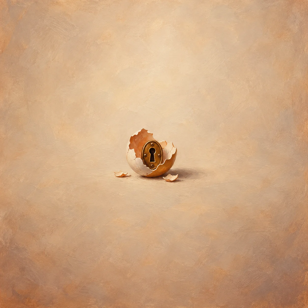 Cracked cream eggshell holding a tiny brass keyhole plate, with loose shell pieces