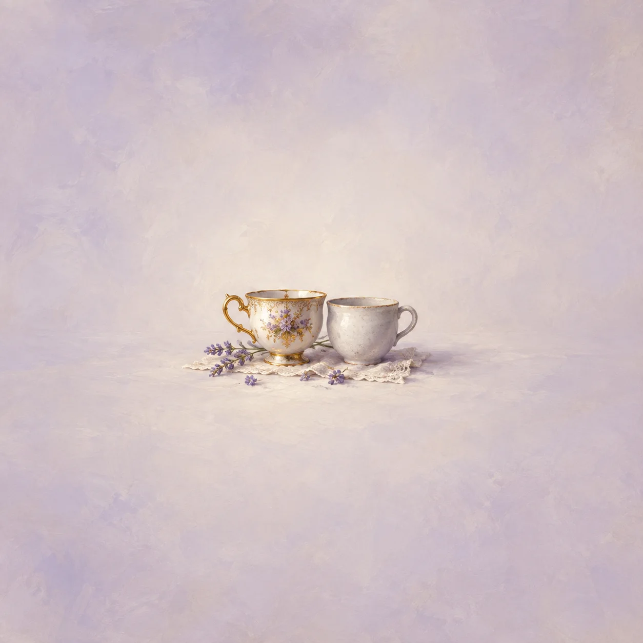 Painterly ornate gilded cup beside a plain white cup and lavender sprigs.
