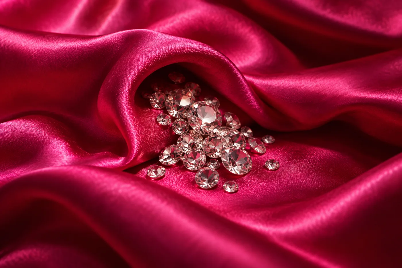 Clear rhinestones sparkle in a fold of rich pink satin.