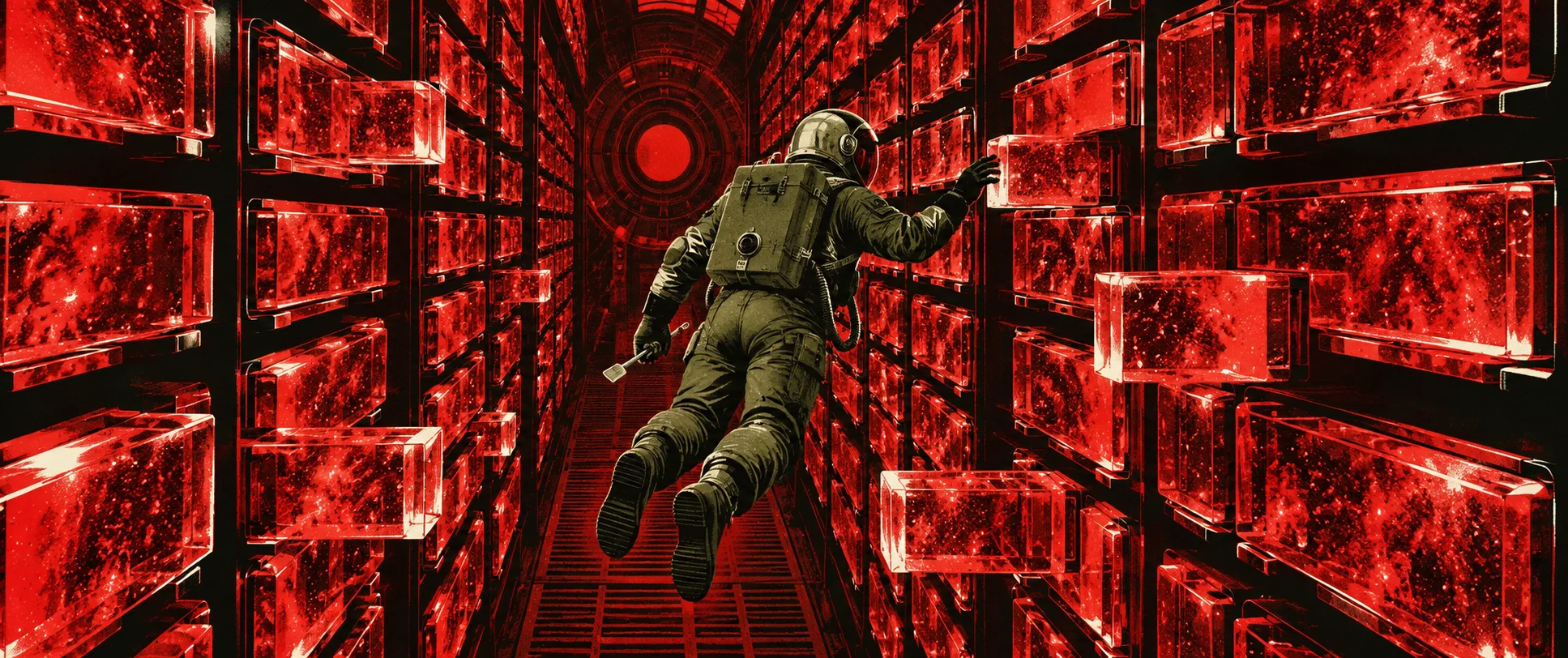 An astronaut floats through a narrow red-lit chamber lined with glowing memory blocks, pulling them from their slots.