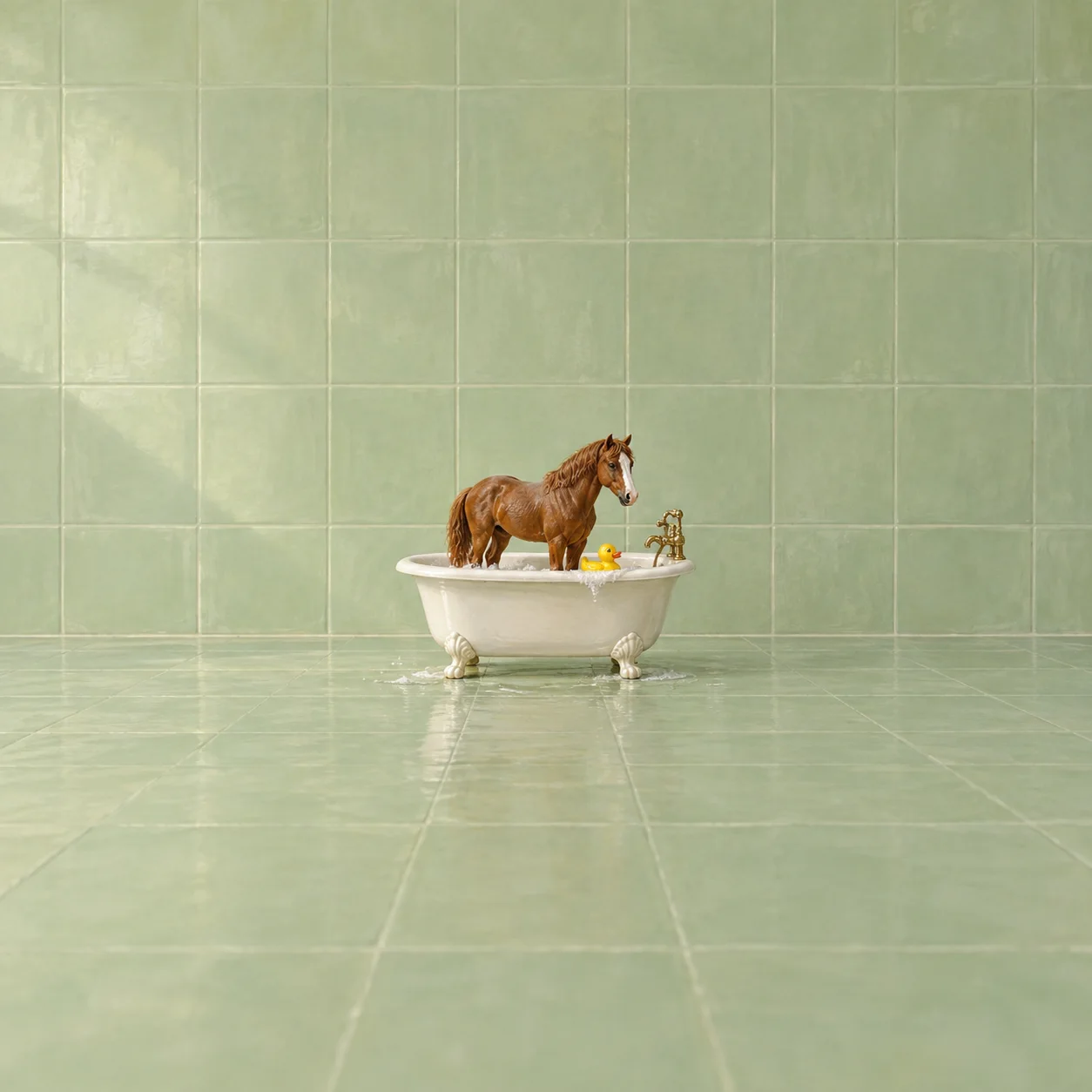 A small chestnut horse standing in a white claw-foot bathtub beside a yellow rubber duck, surrounded by pale green tiles.