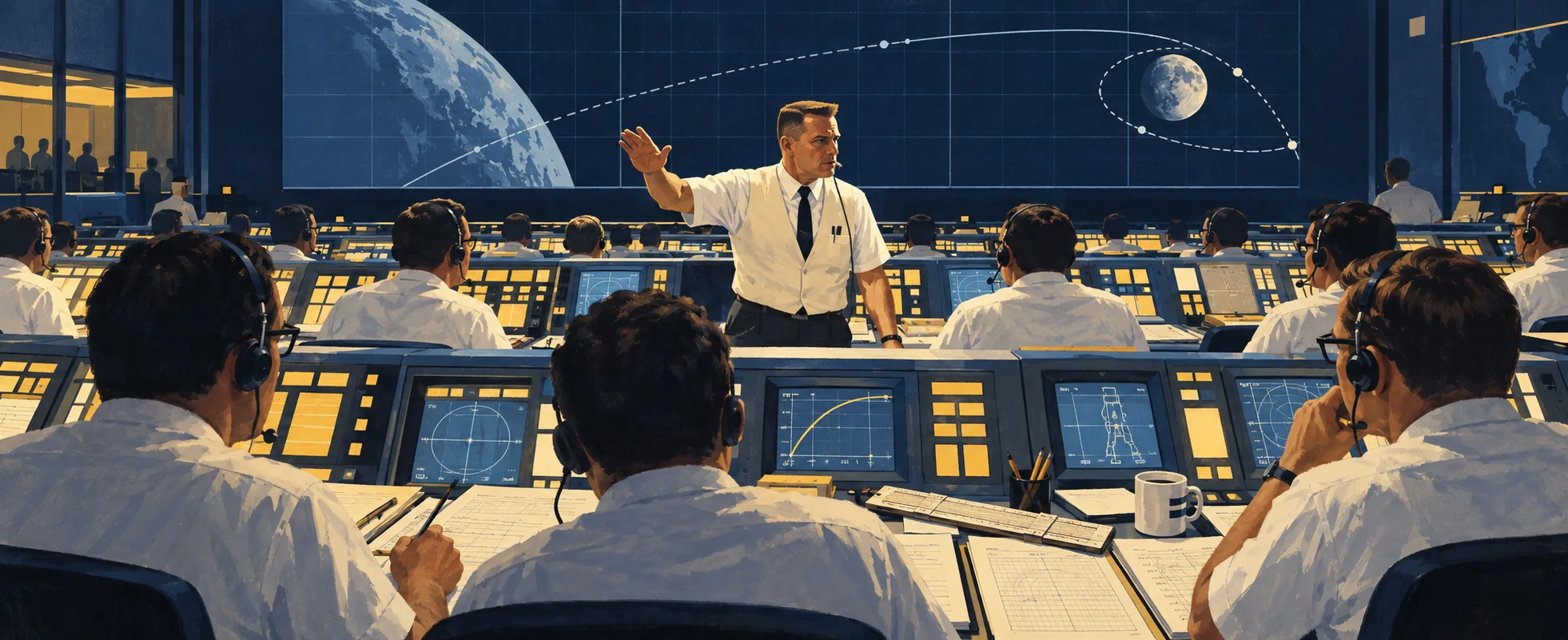 Illustration in mid-century NASA style: a flight director in a white shirt, tie and vest stands with one arm raised before rows of controllers in headsets at Mission Control, a trajectory to the Moon on the big screen.