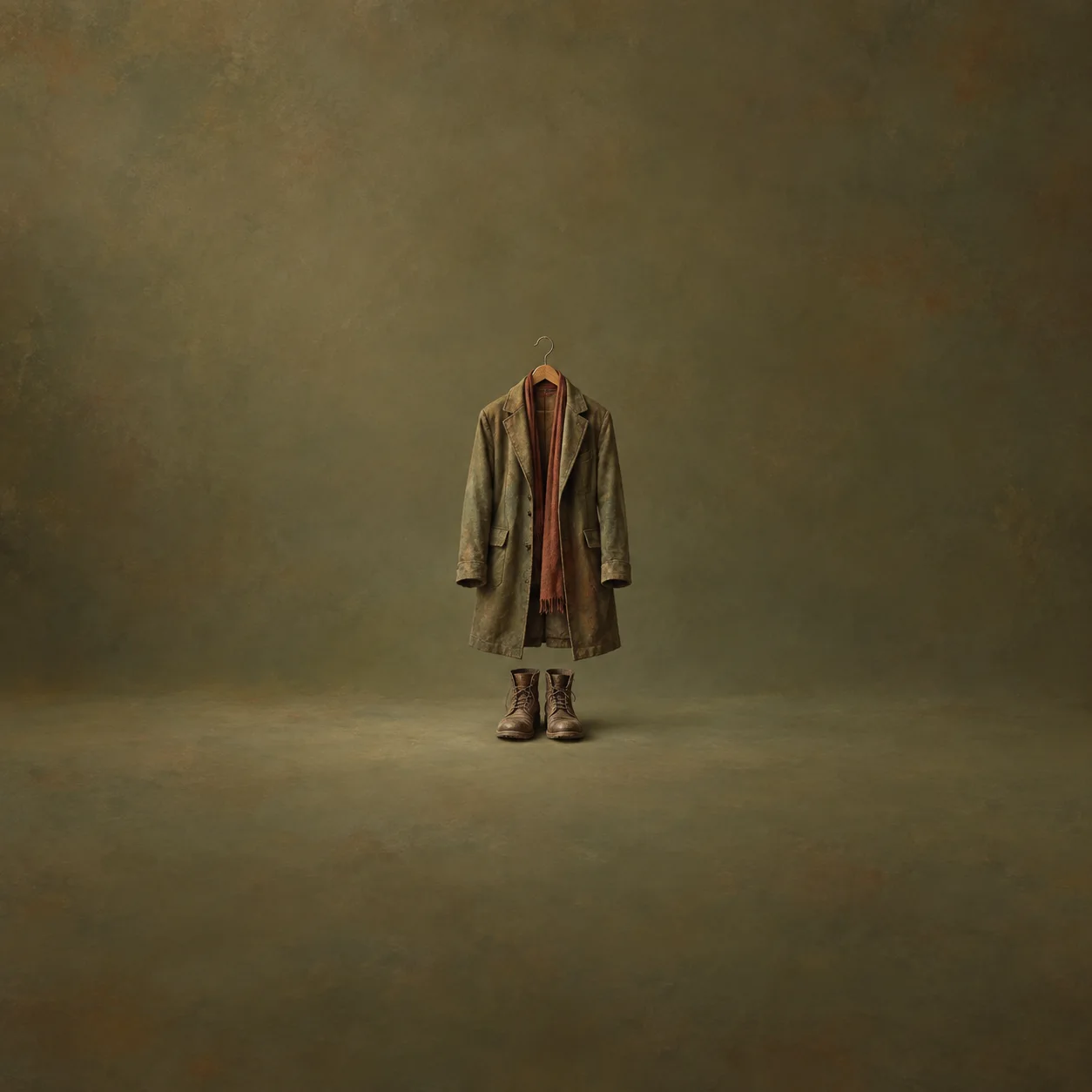 Painterly empty olive coat hanging above a pair of worn boots.