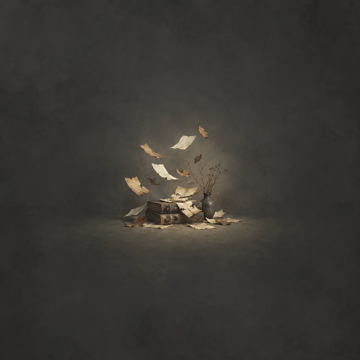 Painterly torn pages swirling above a small stack of worn books against a dark background.