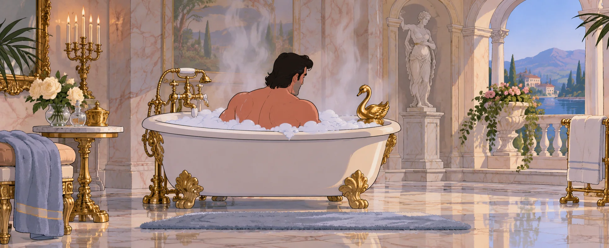 A man soaks in a bubble bath in a lavish marble bathroom, glaring at a small gold swan perched on the edge of the tub.