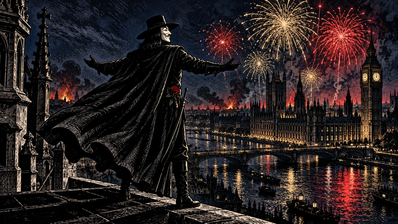 A masked figure in a cape and wide hat spreads his arms on a rooftop as fireworks burst over the Houses of Parliament and the river.