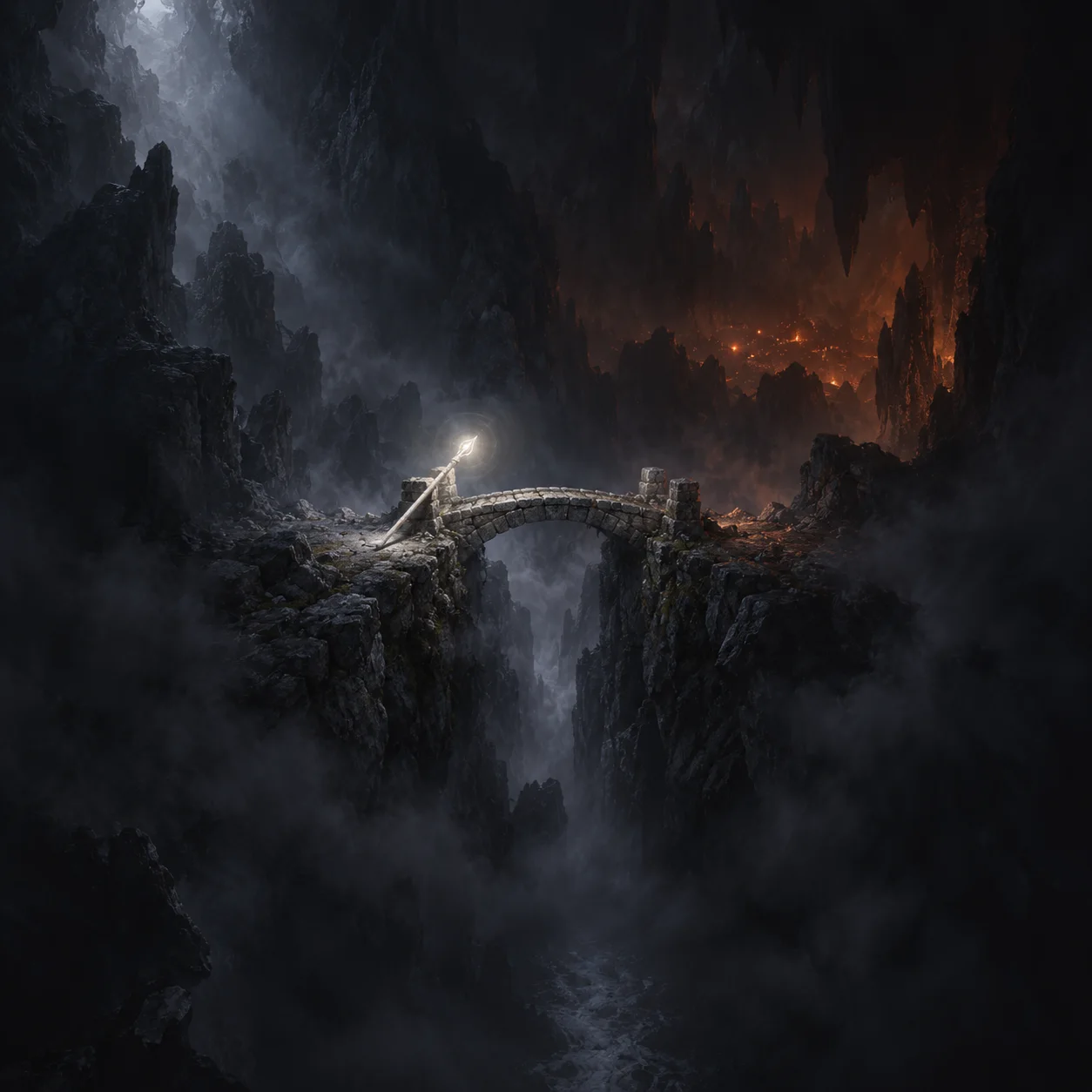 An ivory staff glows beside a small stone bridge spanning a dark cavern.