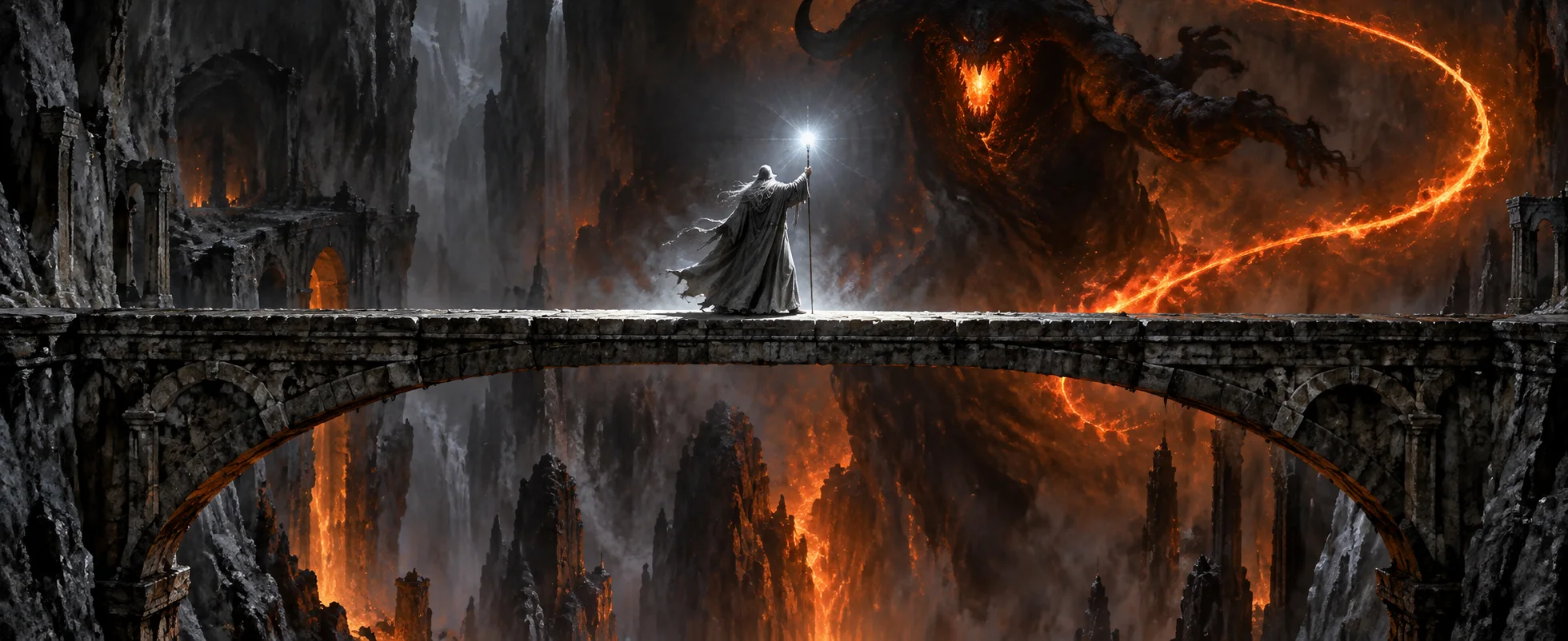 A grey wizard with a glowing staff stands alone on a narrow stone bridge over a fiery chasm as a vast shadow-and-flame demon rises behind it.