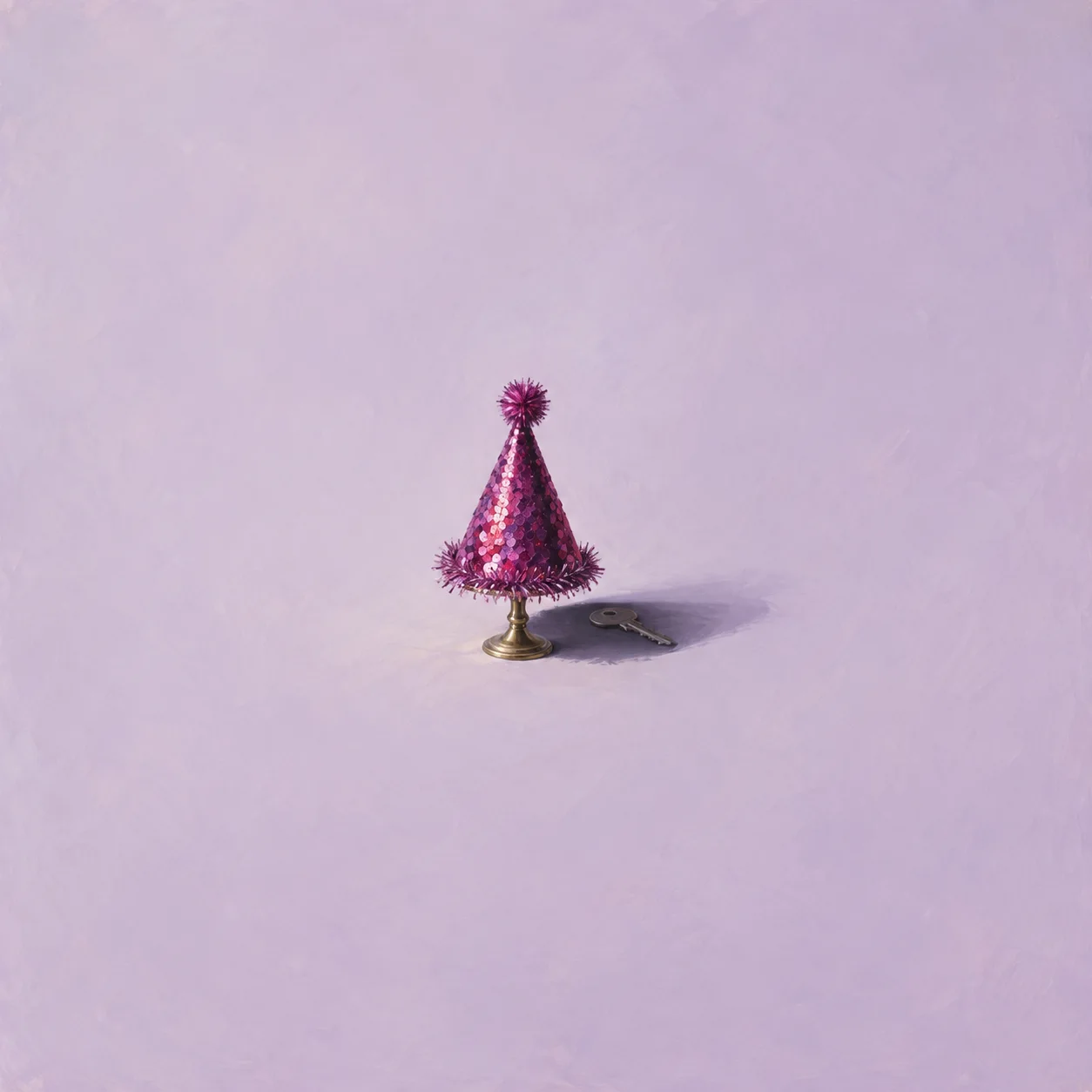 A purple sequined party hat stands on a small brass stand beside a plain key.
