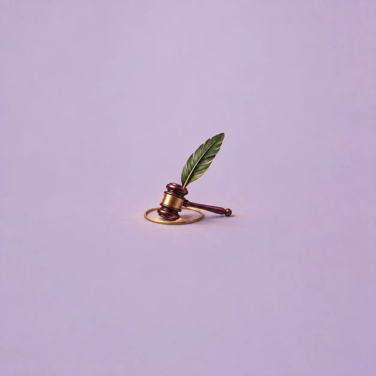 A wooden gavel rests across a gold ring with a green leaf rising from it against lilac.