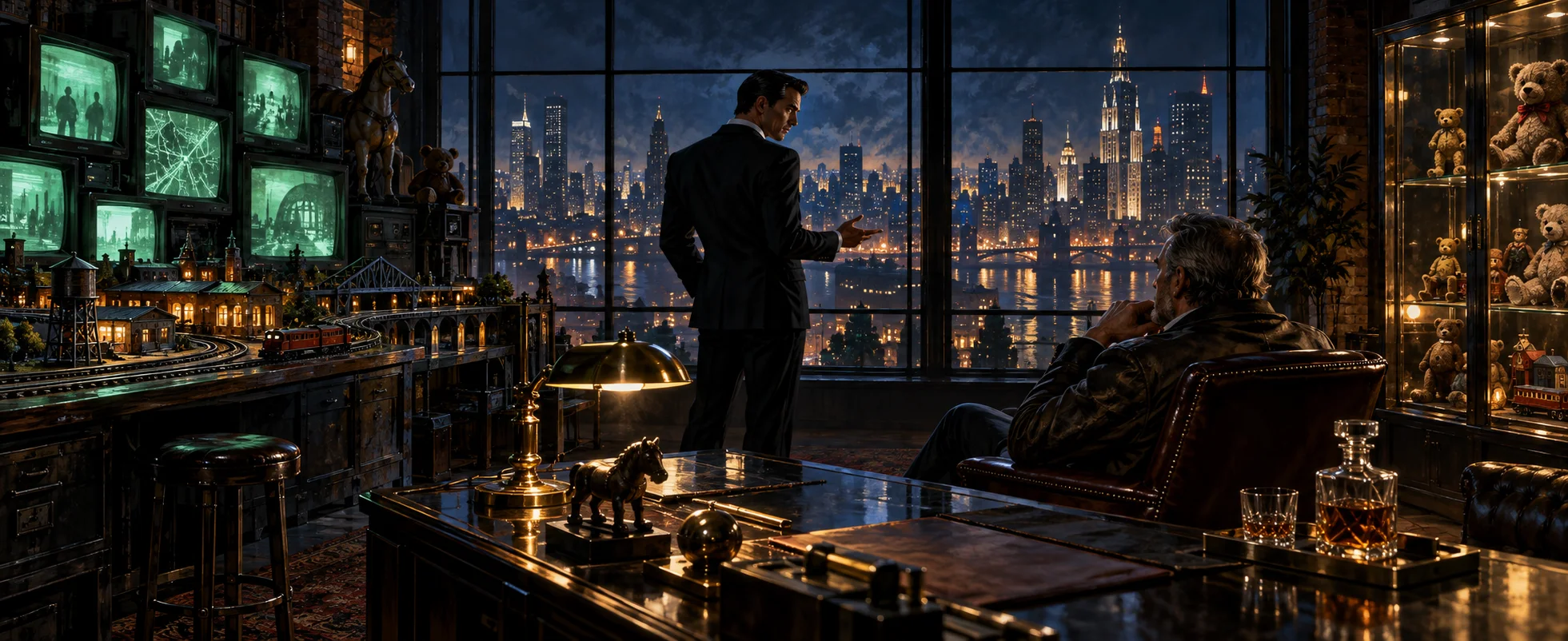 A man in a dark suit at a night window lectures an older man in a leather jacket in an office full of monitors and teddy bears.