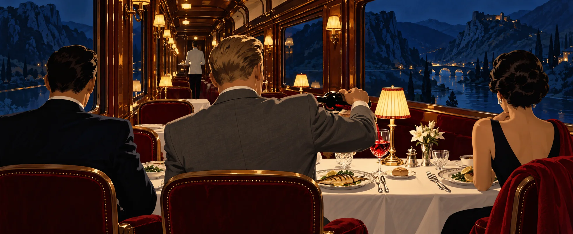 In the Orient Express dining car at night, a fair-haired man in a grey suit pours red wine beside his fish, with Bond and Tatiana at the same table.