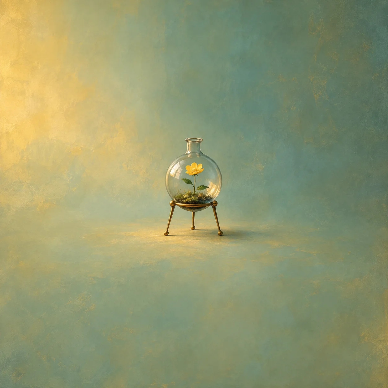 A round glass flask on a brass tripod with a small yellow flower growing inside it.
