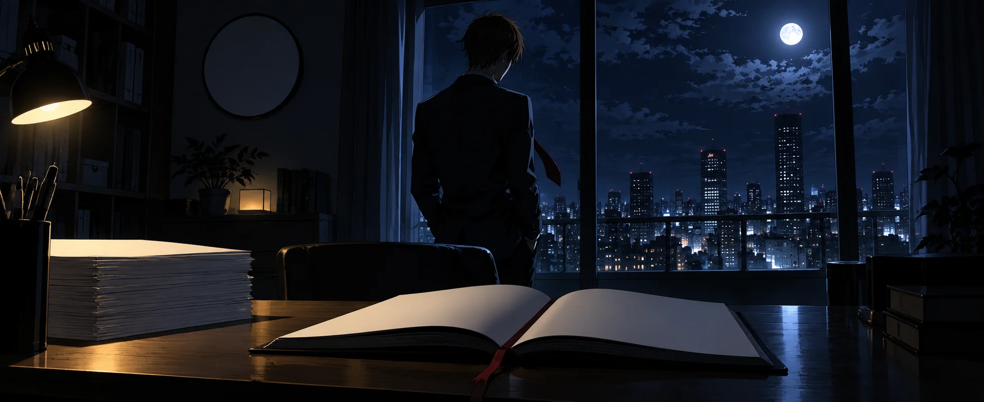 Dark anime-style illustration of a slim young man in a blazer standing with his back to us at a night window over the city, an open black notebook on the desk under a lamp.