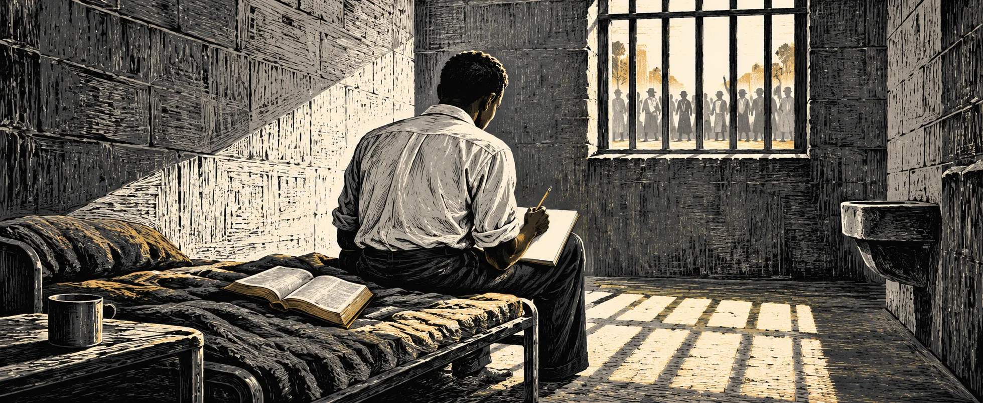 A man in a white shirt sits on a jail-cell cot, seen from behind, writing on a pad beside an open Bible, hard sunlight falling through the barred window across the concrete floor.