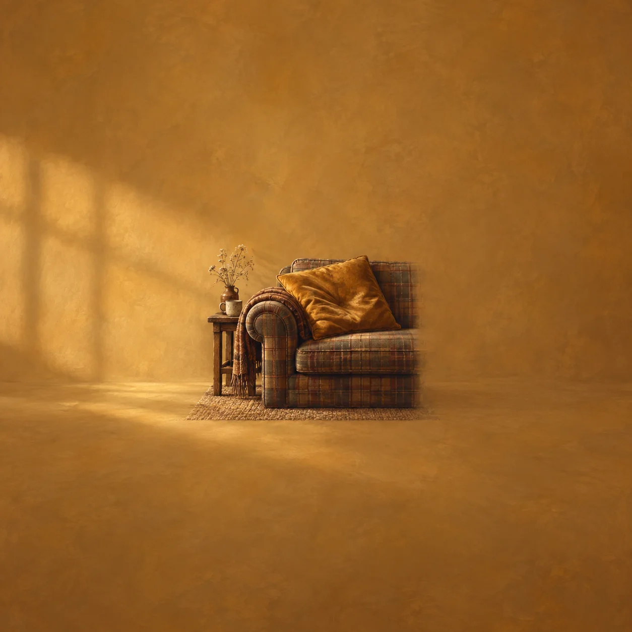 A worn cushion rests on a brown plaid armchair in warm window light.