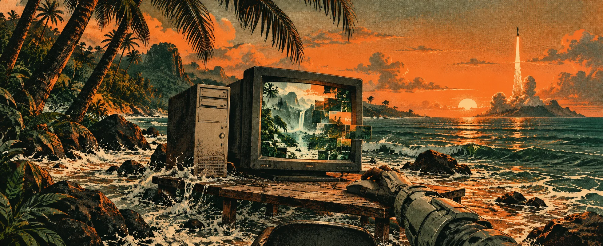 A bulky beige PC and CRT monitor showing a jungle scene sit on a tropical beach at sunset.