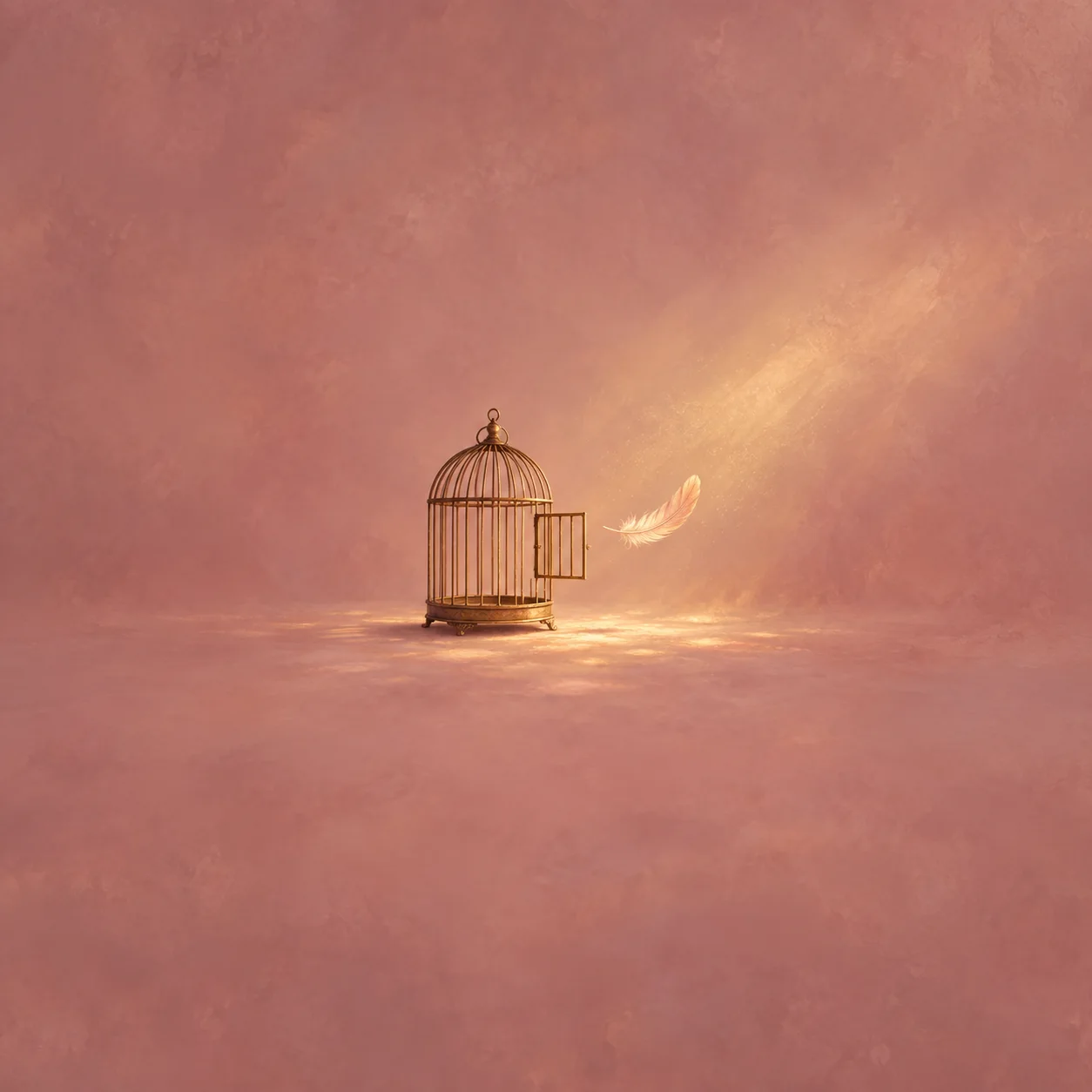 An open golden birdcage stands beside a drifting pale feather in a shaft of warm light against dusty rose.