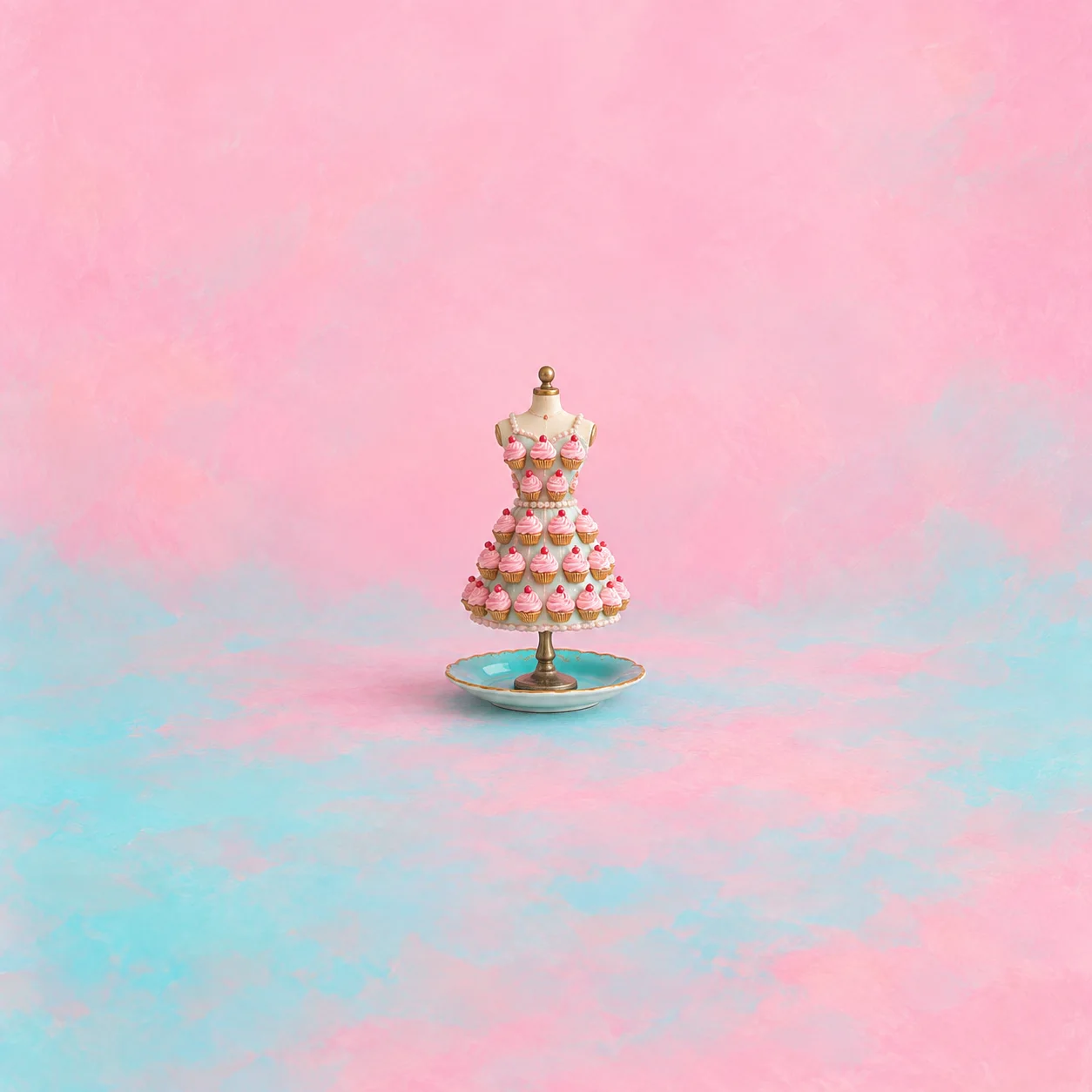 A miniature dress form covered in rows of pink cupcakes stands on a turquoise saucer.