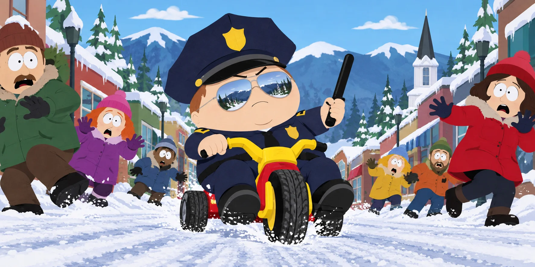 A heavy-set cartoon boy in an oversized police cap and mirrored sunglasses rides a plastic tricycle down a snowy street, baton raised, as townsfolk scatter.