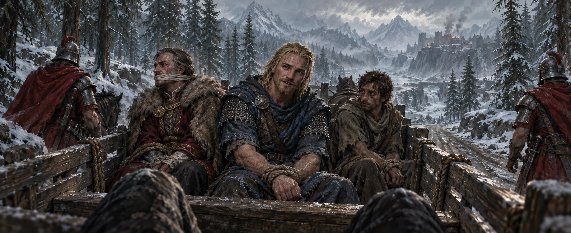 Bound prisoners ride a wooden cart along a snowy pine road: blond Ralof in blue Stormcloak armour looks straight at the viewer, beside a gagged nobleman in furs and a ragged thief, with red-cloaked Imperial soldiers alongside.