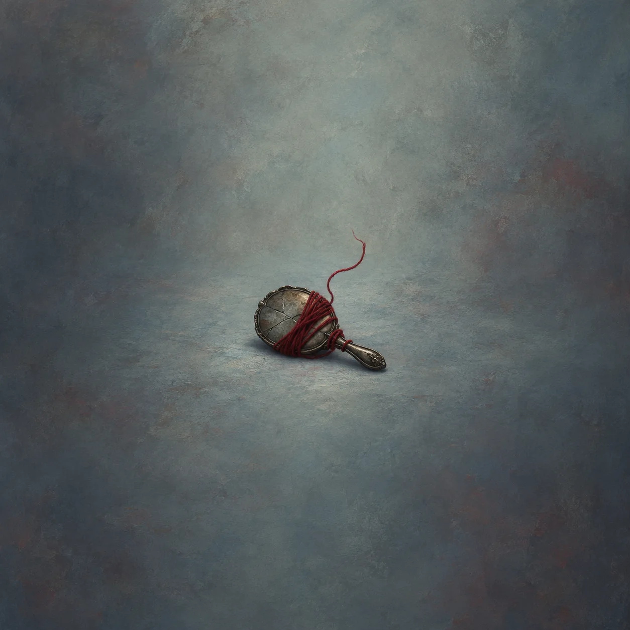 A weathered hand mirror wrapped in red wool lies with a loose strand curling upward.
